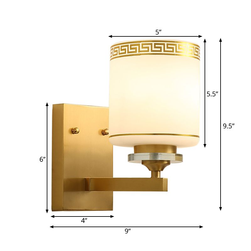 1 Light Wall Mounted Lamp Modern Style Drum Shade White Glass Wall Lighting Fixture in Brass for Hallway
