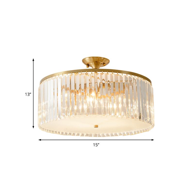 4/5/6 Bulbs Drum Semi Flush Ceiling Light Modern Clear Crystal Ceiling Lamp in Gold for Living Room