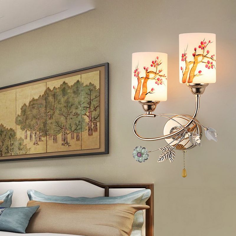 Lámpara de pared cilíndrica de vidrio de pintura a mano 2 luces de oro de 2 luces de oro