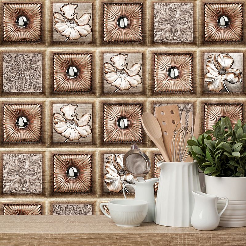 Rustic Wood Floral Wallpaper Panel Set 10 Pcs Brown Peel and Stick Wall Covering for Kitchen