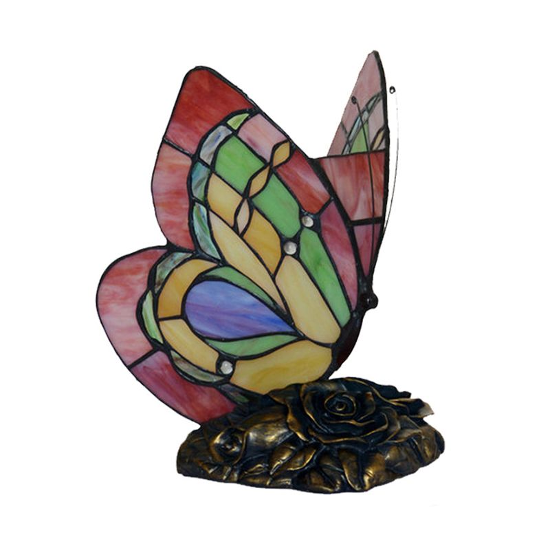 1 Light Night Light Victorian Flower Resin Table Lamp with Butterfly Cut Glass Shade in Red