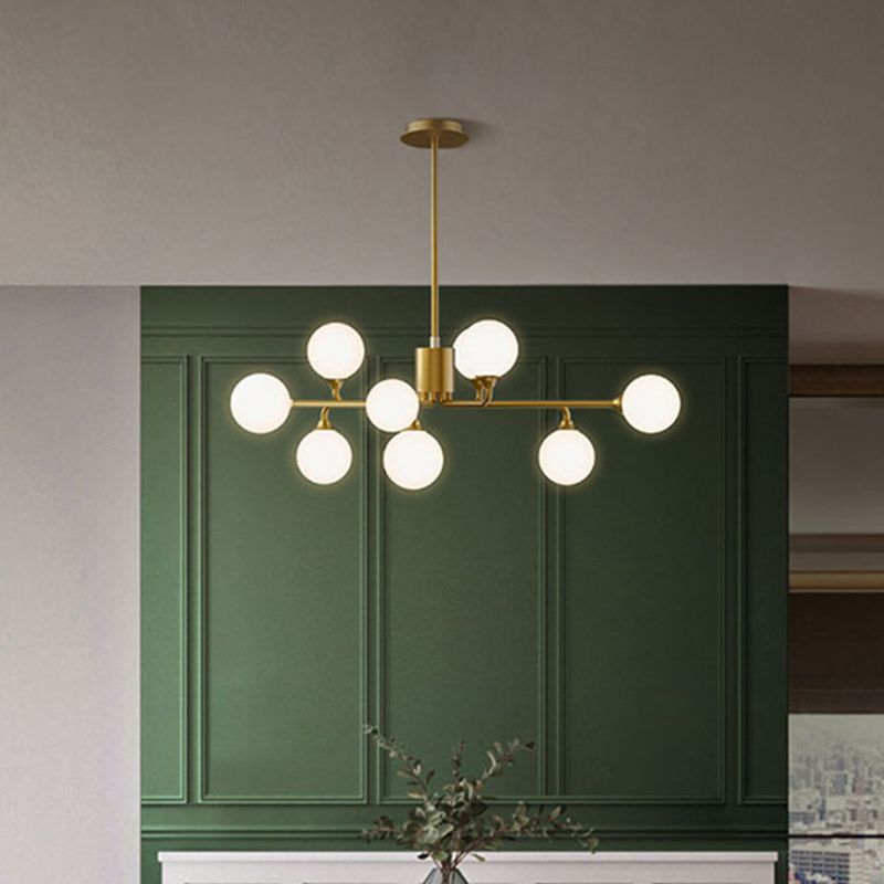 Postmodern Sputnik Island Lighting Metal 6/9/12 Heads Living Room Ceiling Pendant in Gold with Ball White Glass Shade