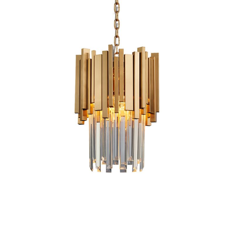 3 Lights Tiered Pendant Light Modernism Metal Hanging Ceiling Light with Clear Crystal Block in Chrome/Gold