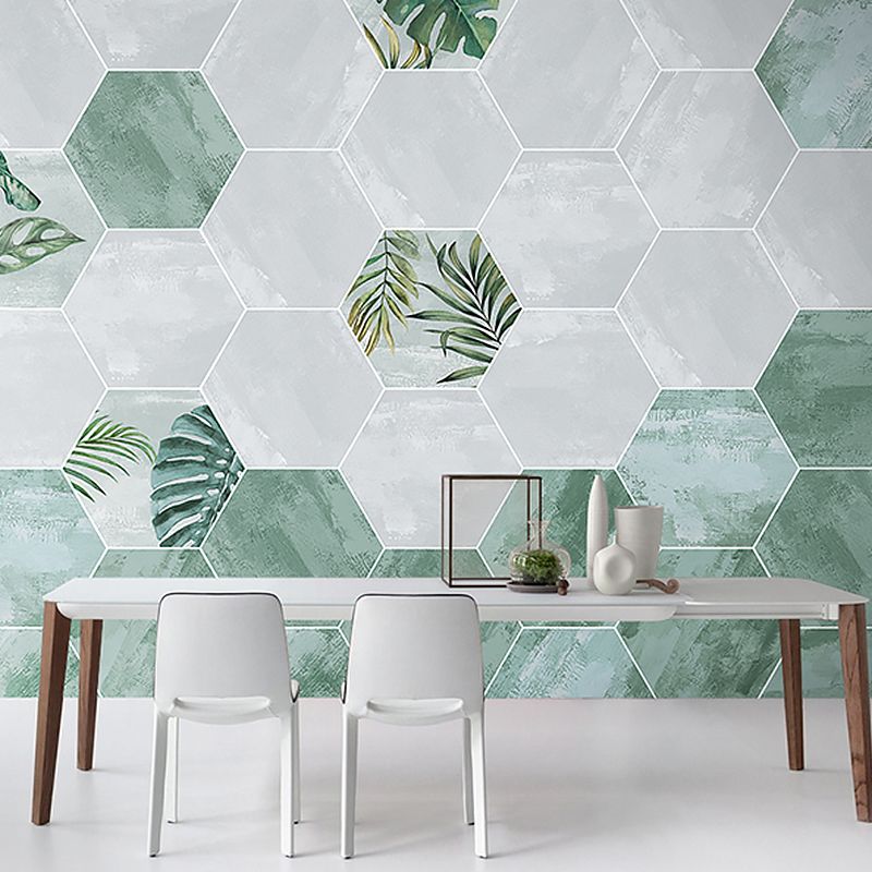 Illustration Style Modern Wall Mural with Hexagon in Green and White, Made to Measure
