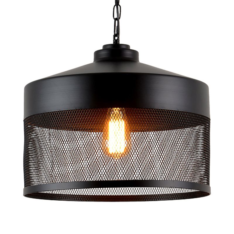 1 Head Metal Hanging Light Industrial Style Black Mesh Drum Shade Restaurant Pendant Light Fixture