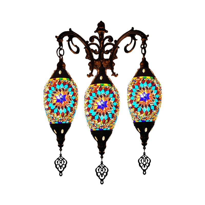 Traditional Oval Wall Mounted Lamp 3 Heads Stained Art Glass Sconce Light in White/Red/Light Blue