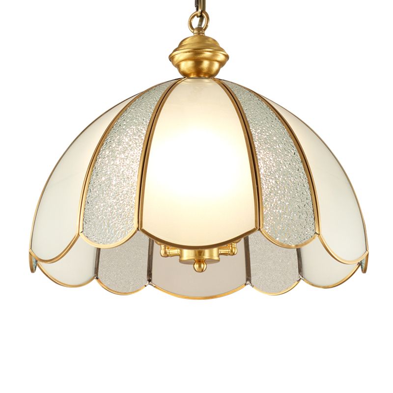 Elegant Dome Flower Shade Pendant Light Hammered Frosted Glass 1 Light Brass Hanging Light for Living Room