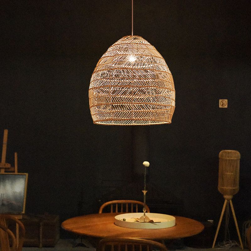 1-Light Hanging Light Fixture Asian Style Pendant Light with Rattan Shade for Bedroom