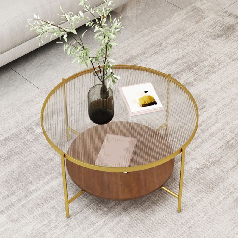 Round Glass Cross Legs Coffee Cocktail Table with Storage Shelf - 17.7" H