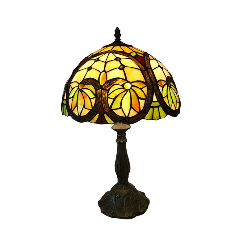 1 Light Bedside Table Lamp Tiffany Brass Nightstand with Domed Stained Glass Shade