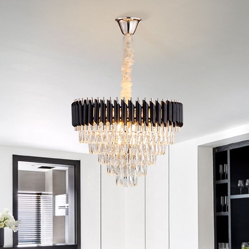 K9 Crystal Prism Cone Chandelier Pendant Modern 10/13/33 Lights Living Room Down Lighting Pendant in Black