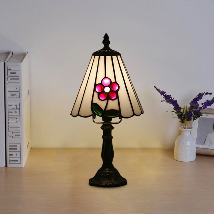 Stained Glass White/Red Night Light Conical/Flared 1-Head Mediterranean Table Lighting with Floral Pattern