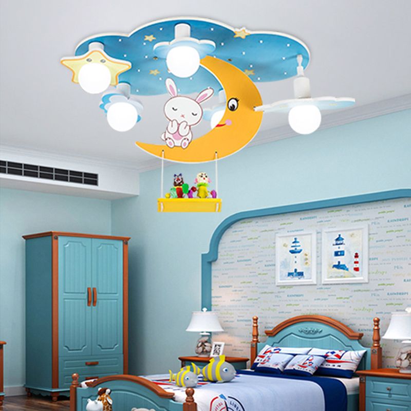 Plafonnier Blue Sky pour enfants, plafonnier en bois à 5 lumières de style créatif avec abat-jour en verre