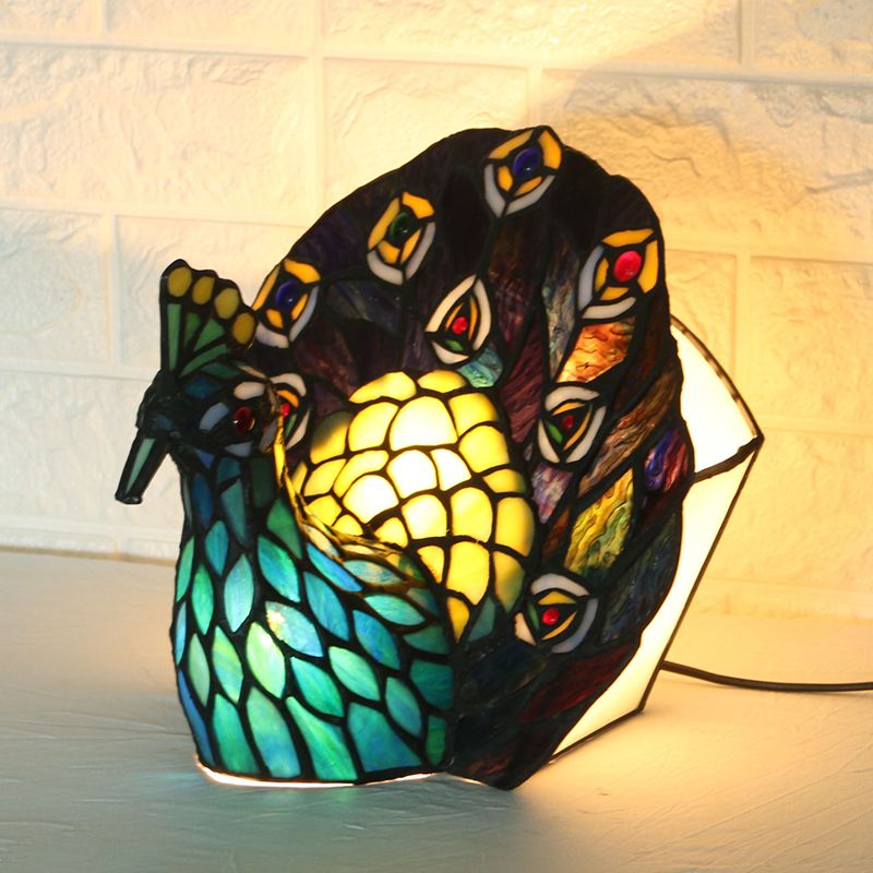 Blue 1-Head Night Lamp Mediterranean Stained Art Glass Peacock Shaped Table Lighting