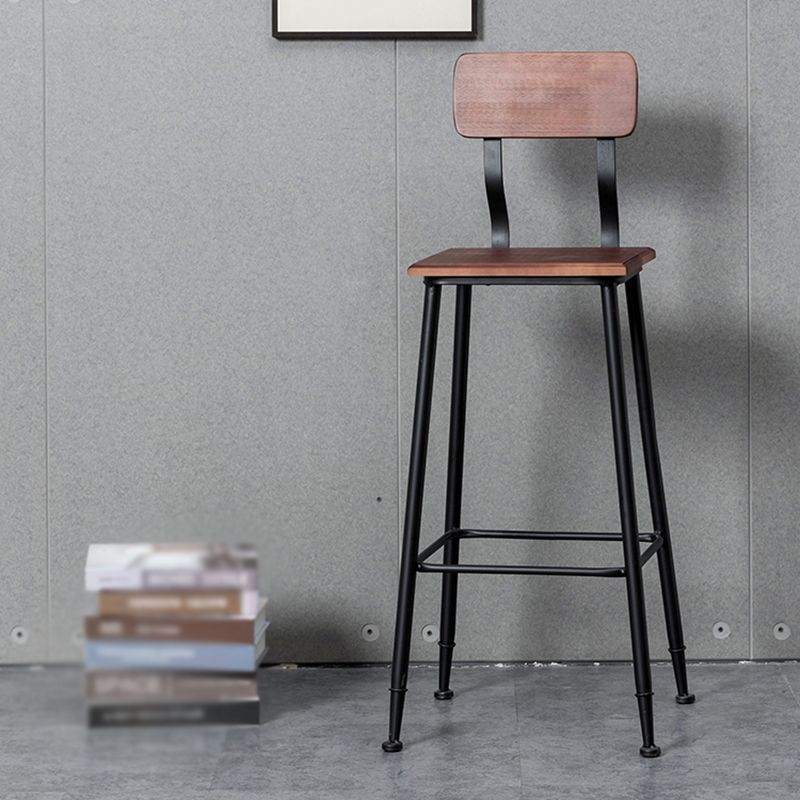 Industrial Style Ironwork Barstool Solid Wood Seat Bar High Chair with Backrest