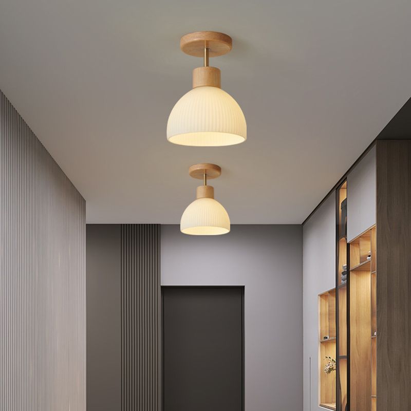 Contemporary Dome Flush Light Fixture Wood 1 Light Flush Mount Ceiling Fixture in Brown
