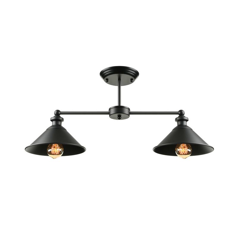 Dubbele conische metalen semi-inbouw lichte industriële eettafel met 2 lampen en plafondverlichting in zwart