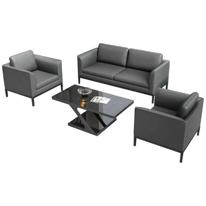 Square Arm Settee Stain-Resistant Leather Couch in Black/Grey