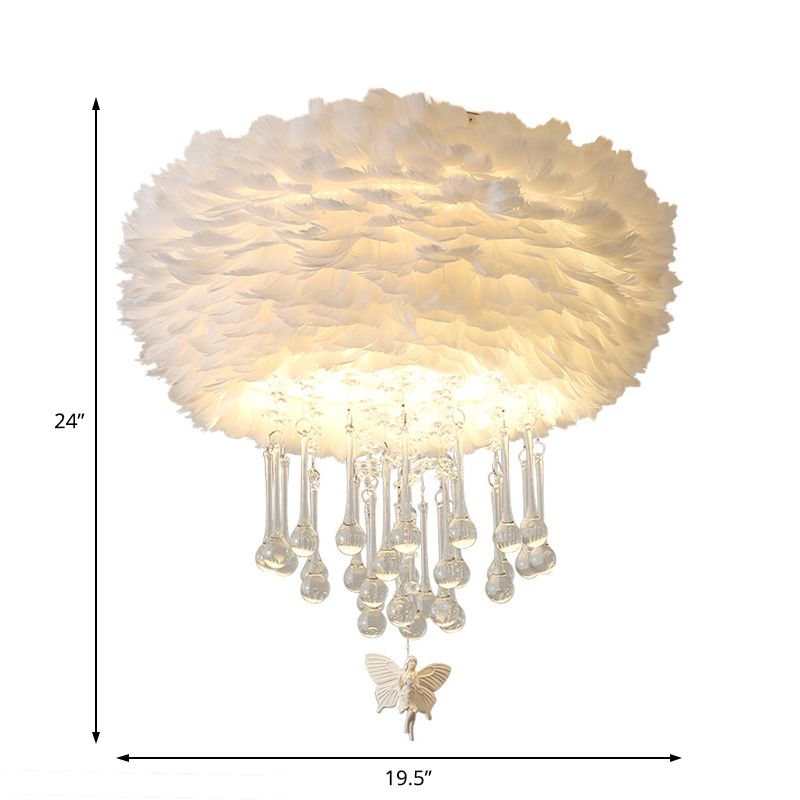 Nordic Cloud Flush Light White/Pink/Black Feather 2/3/4 Lights Bedroom Ceiling Lamp with Crystal Drop, 16"/19.5"/23.5" W