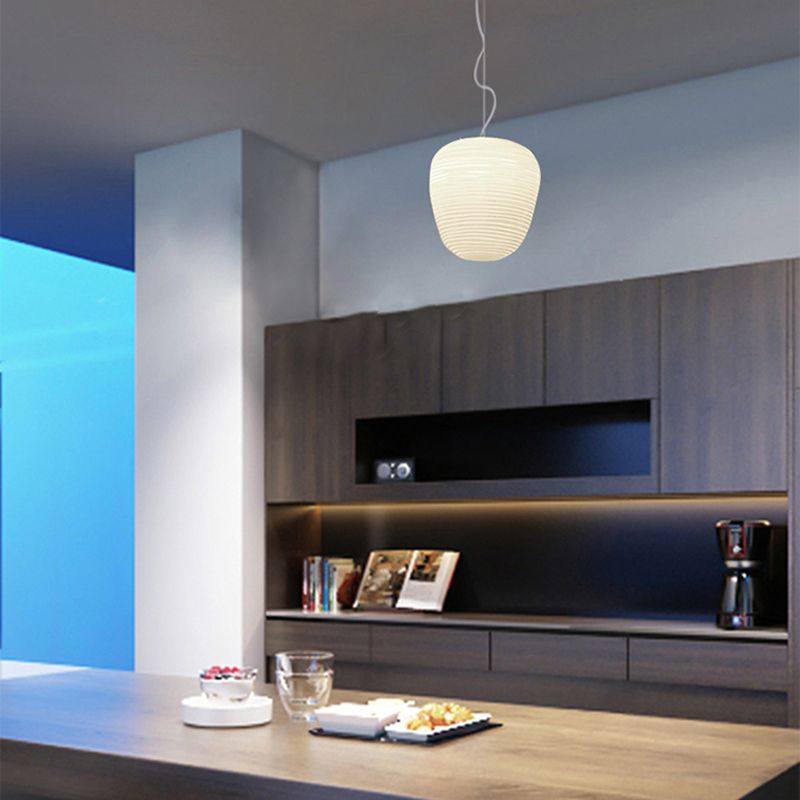 Cocoon Shaped Restaurant Pendant Lighting White Rib Glass 1-Bulb Simple Hanging Light