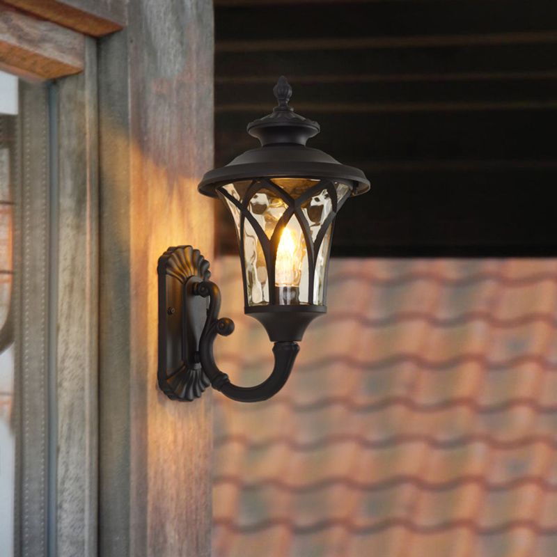 Arch Water Glass Wall Light Rural 1-Head Courtyard Wall Sconce Lighting Fixture in Black/Bronze