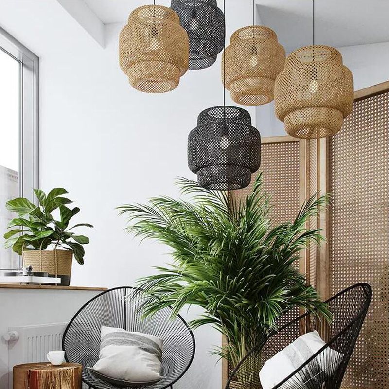CRISS-CROSS LANTER LANTER PENDANT LANDE ASIAN BAMBOO 1 BULBE SOIX LUMIÈRE HAPPORT EN NOIR / BEIGE, 15 "/19.5" W