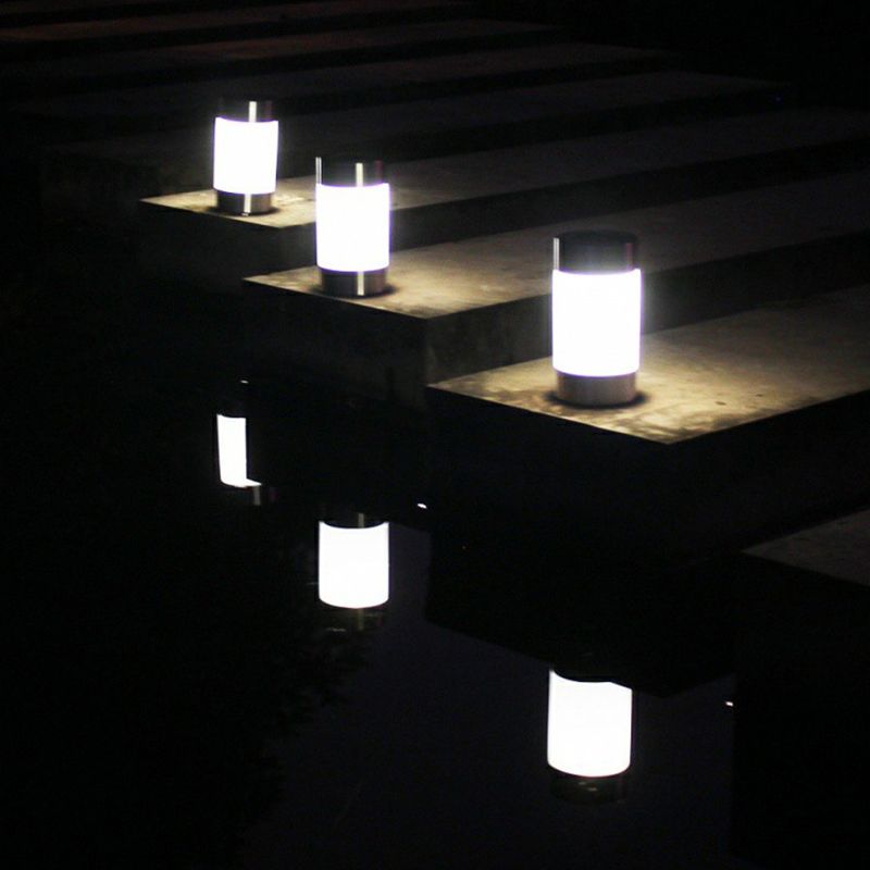 Stainless Steel Cylinder LED Stake Light Minimalist Black and Chrome Solar Path Lamp for Garden