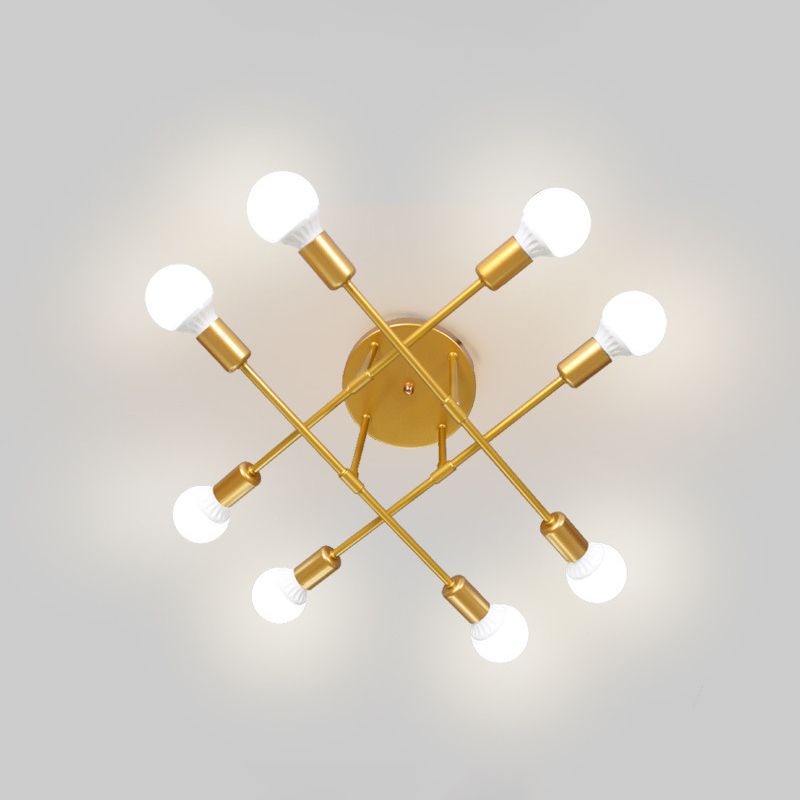 Industrial Retro Radial Semi Flush Mount Wrought Iron Bare Bulb Ceiling Fixture for Interior Spaces