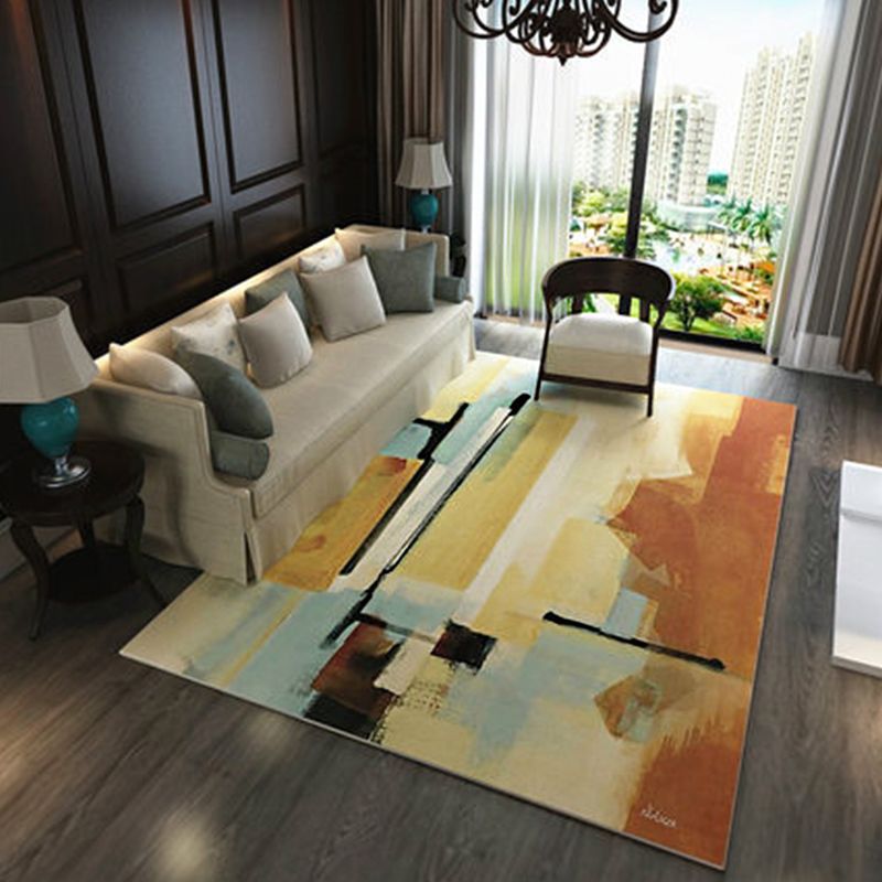 Funky Brushstroke Pattern Rug Yellow and Brown Modern Rug Polyester Machine Washable Carpet for Living Room