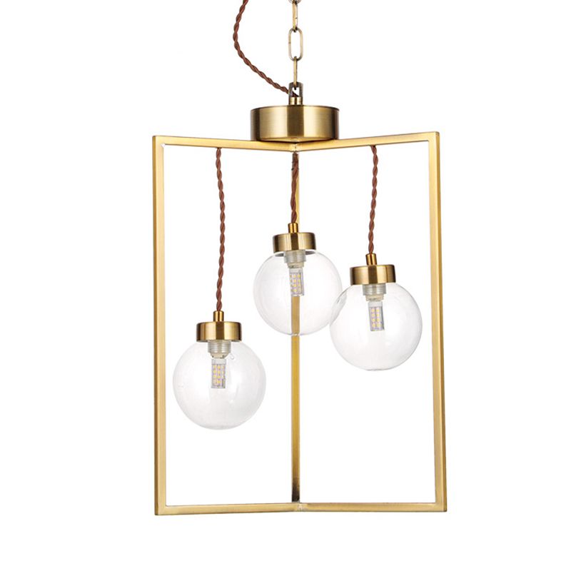 Brass 3/4 Lumières luminaire luminaire en verre transparent traditionnel en verre transparent et en métal pendentif rectangle