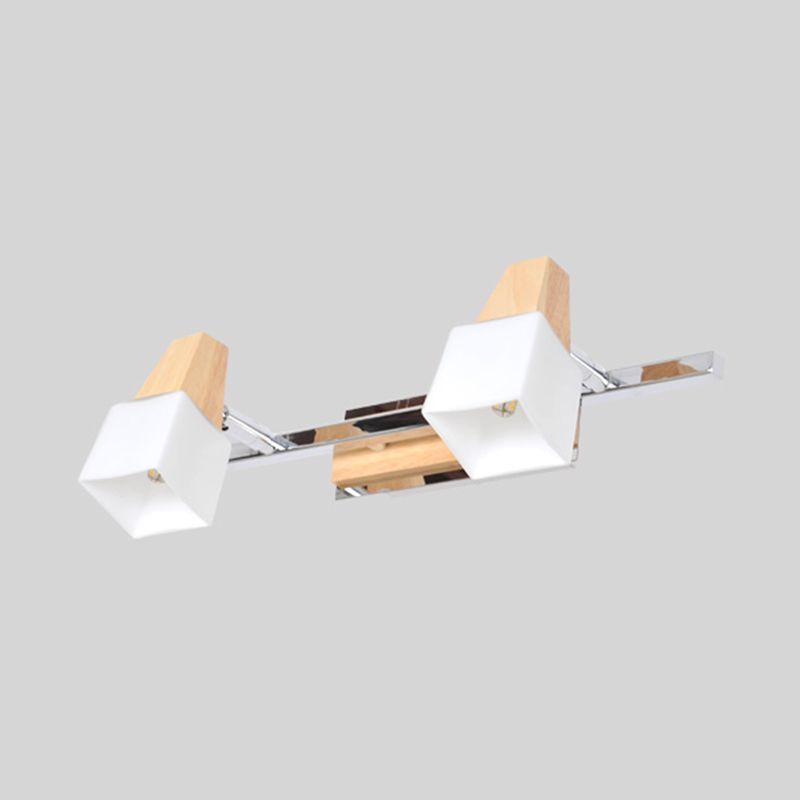 Beige Cube Vanity Light Fixture Modernist 2-Light Milk White Glass Wall Mount Lamp with Wood Top