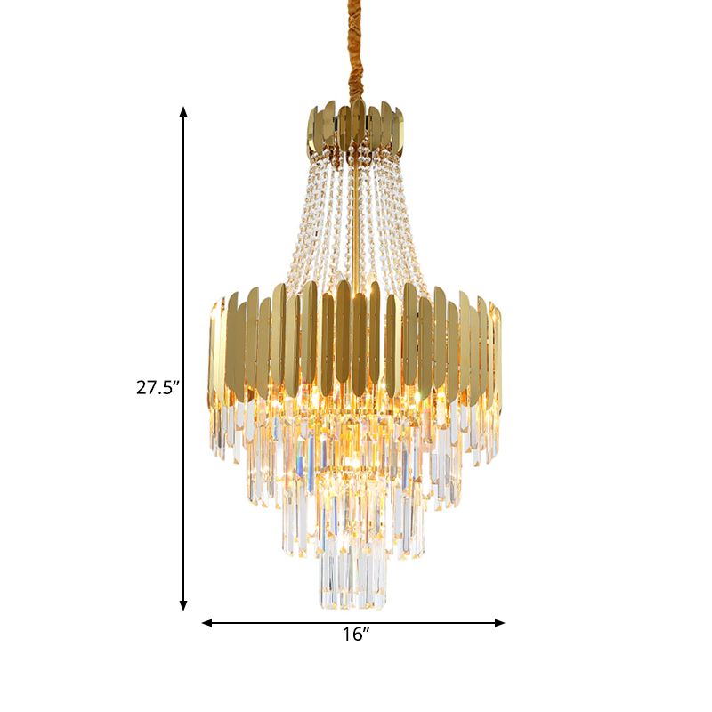 Simplicity Tiered Chandelier Lamp 10 Bulbs Clear Crystal Hanging Light Fixture in Gold with Cone Design