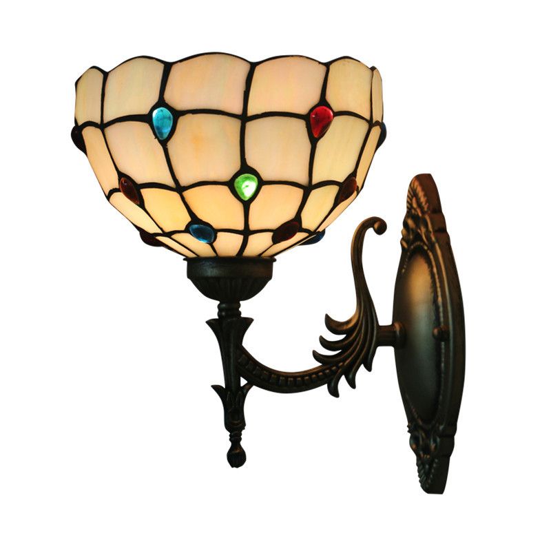 Flower/Bowl Wall Mount Light Fixture Tiffany Beige/Yellow Glass 1-Bulb Bronze Finish Wall Sconce Light