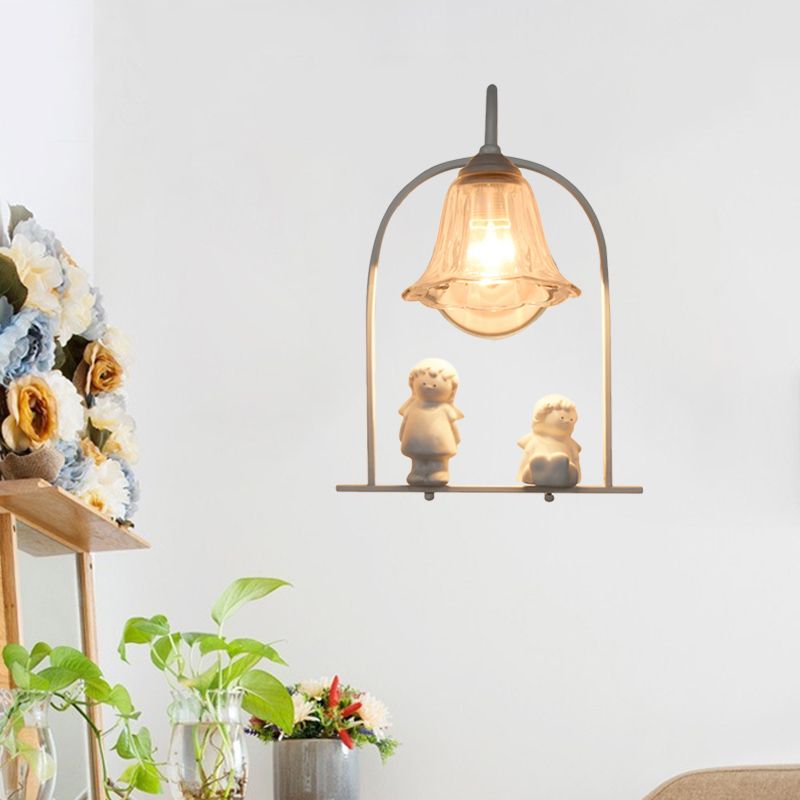 White Arched Frame Pendulum Light Nordic 1 Head Iron Pendant Lighting with Flower Glass Shade and Resin Angel Deco