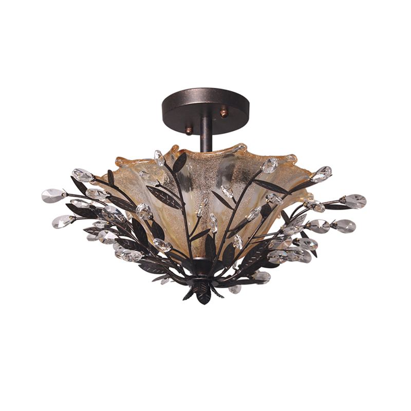 Black Flared Semi Flush Mount Modernism Amber Glass 2 Heads Living Room Ceiling Light Fixture with Branch Crystal Accent