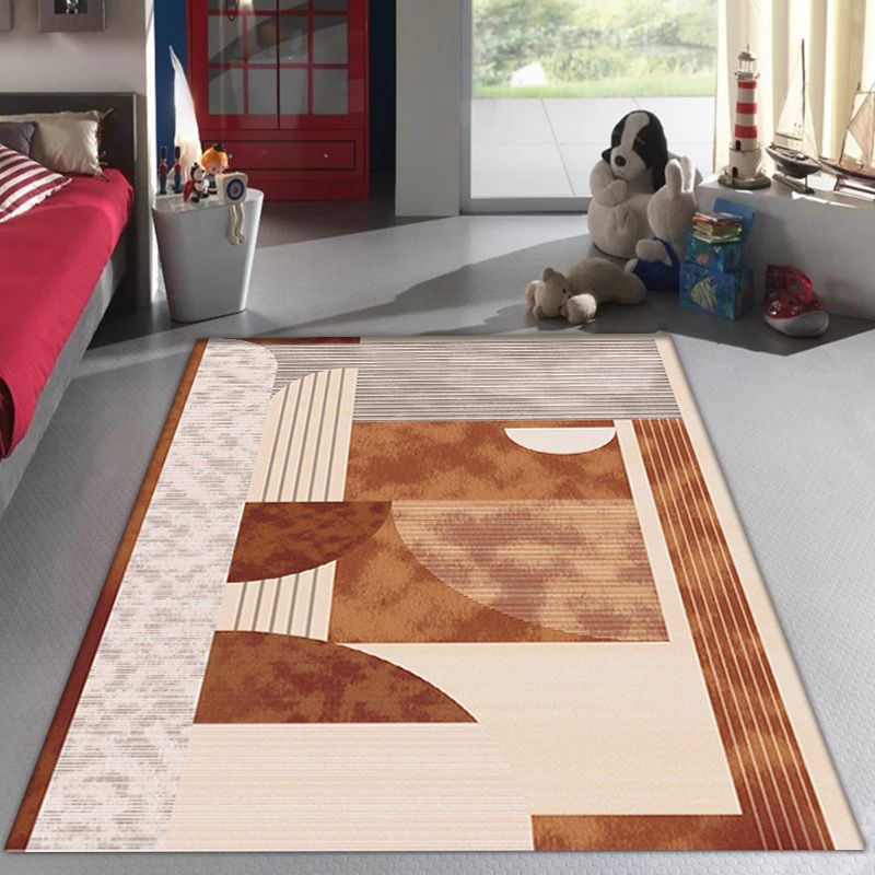 Modern Living Room Rug in Brown and Blue Color Block Twisted Line Print Rug Polyester Anti-Slip Backing Area Rug