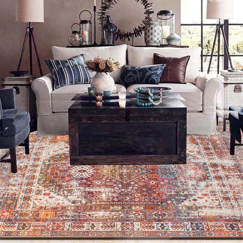 Red Whitewash Area Rug Shabby Chic Medallion Carpet Polyester Stain Resistant Rug for Living Room