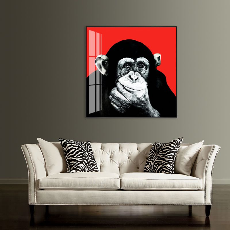 Light Color Chimpanzee Painting Kids Style Textured Wall Art Print for Living Room