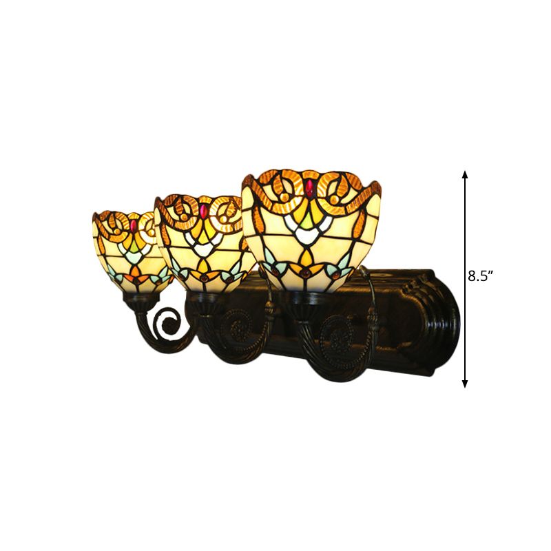 Stained Glass Brass Wall Lamp Scalloped Dome 3 Heads Tiffany Wall Mounted Lighting for Corridor