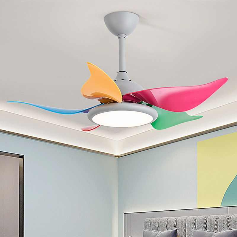 Colorful Round Hanging Fan Light Macaron Style Metal Bedroom LED Semi Flush Mount Lamp
