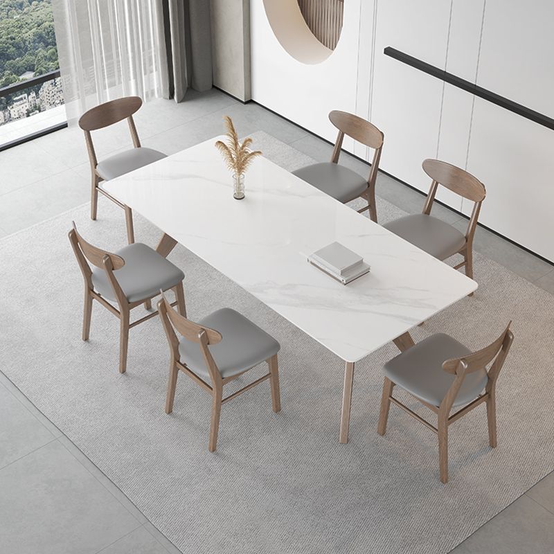 Modern Sintered Stone White Table Dining Table with Wooden Base and 4 Legs