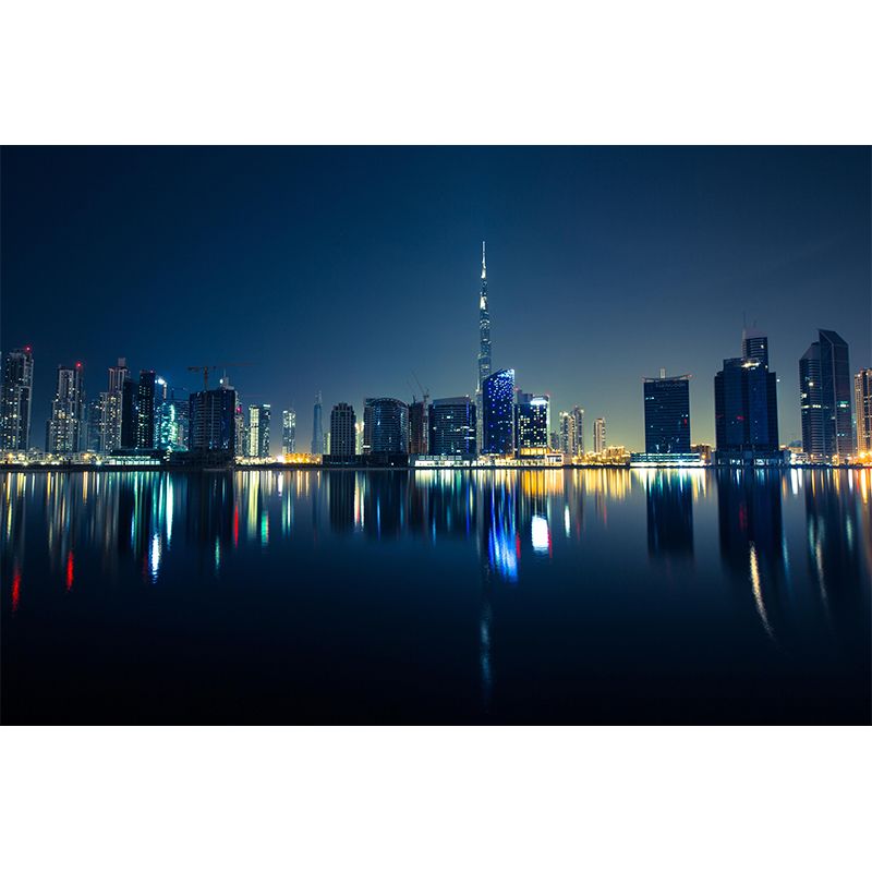 Dubai Night City View Mural Bright Stain Resistant Wall Covering for Living Room