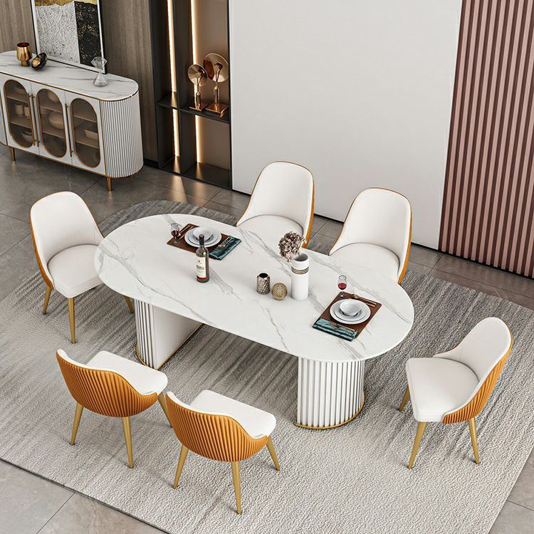 Ovale gesinterde steen witte toon eettafel moderne dubbele voetstuk tafel voor eetkamer