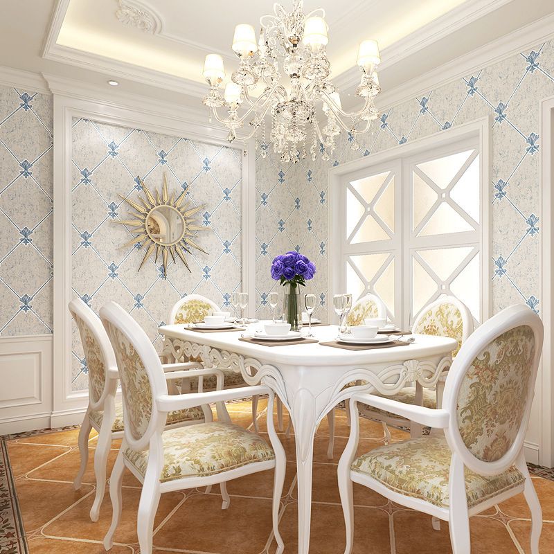 Fleur De Lis Trellis Wallpaper Retro Style 3D Embossed Wall Art in Light Blue, Unpasted