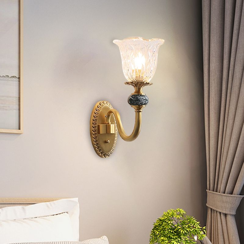 Floral Dining Room Wall Sconce Farmhouse Clear Ribbed Glass 6"/17" W 2 Lights Brass Wall Mounted Lighting
