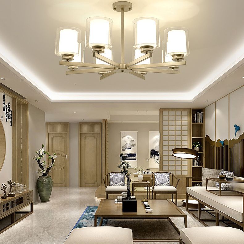 Double-layer Glass Shade Chandelier Lighting Fixture Traditional Style Cylindrical Pendant Hanging Light in Champagne Silver