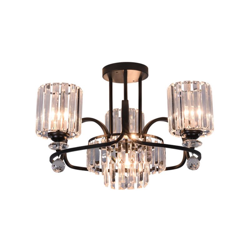 Cylindrical Suspension Lamp Modernist Crystal Prisms 4-Bulb Drawing Room Ceiling Chandelier in Black