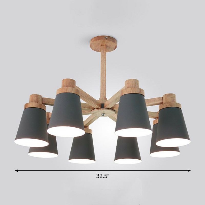 Conical Suspension Light Fixture Nordic Iron Chandelier Lighting with Wooden Arm for Living Room