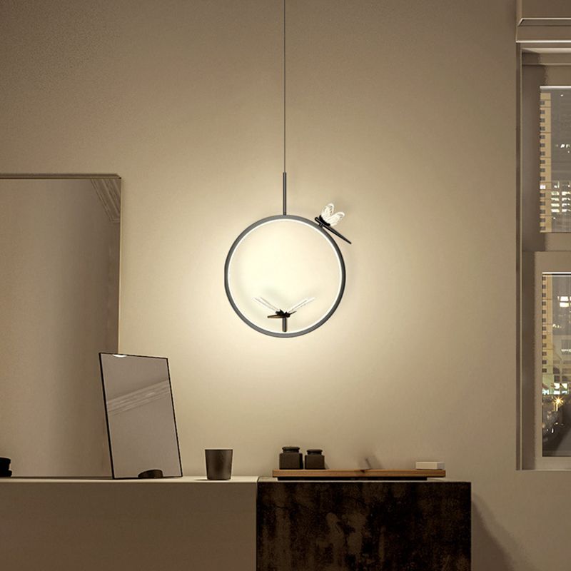 Metal Circle Hanging Pendant Light Modern LED Pendant Ceiling Light with Dragonfly Decor