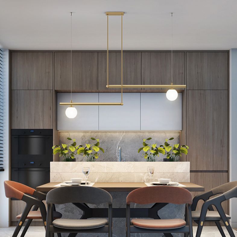 Gold Finish Linear Hanging Light Simplicity Metal Island Light with Ball White Glass Shade